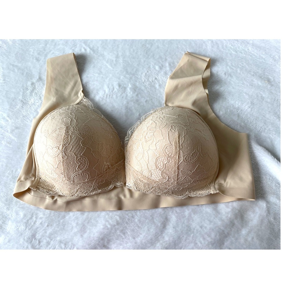 WLJ Women Beige Lace Front Closure Wireless‎ Bra Plus Size 5XL Seamless Back